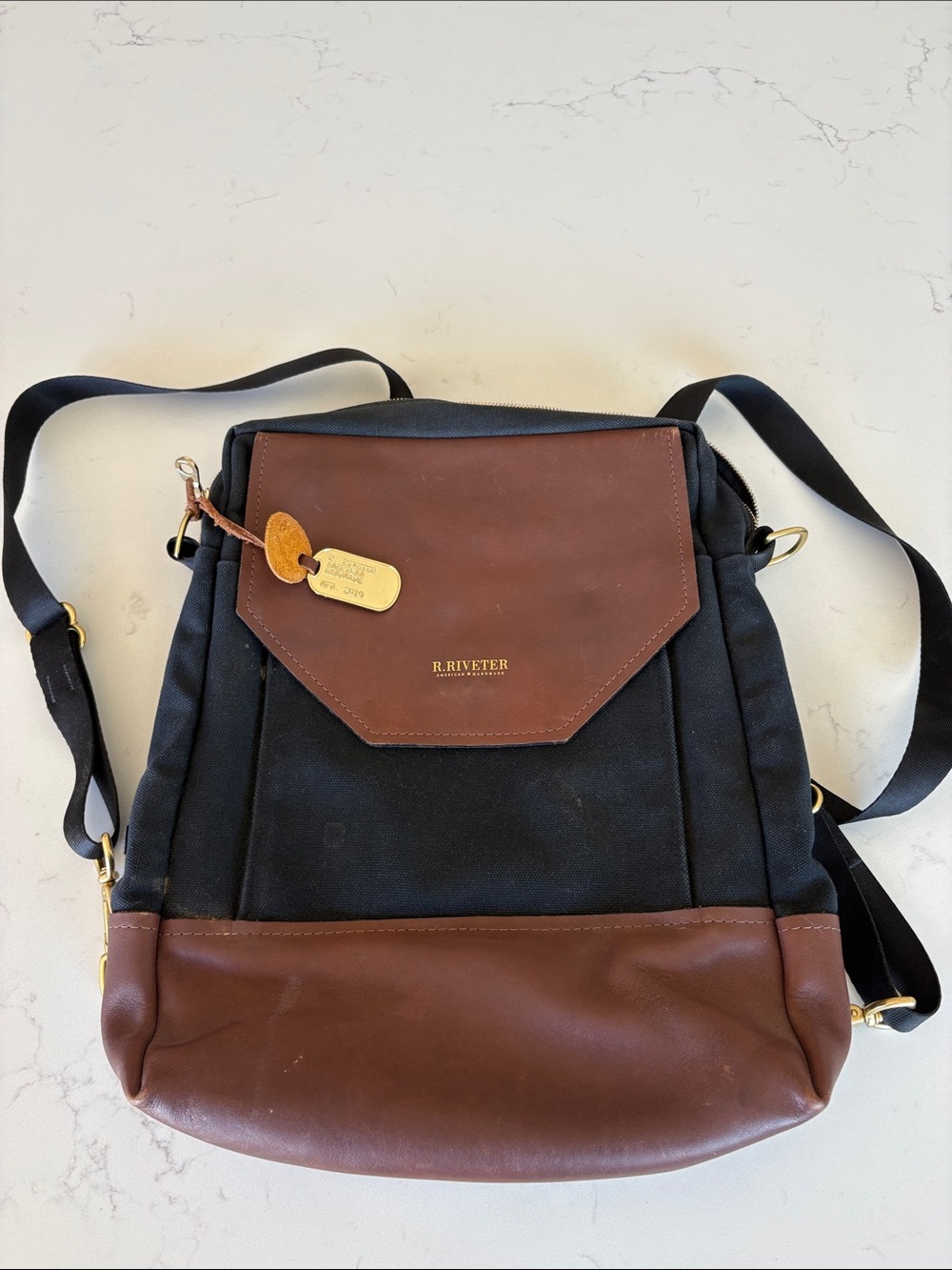 R. Riveter Black and Brown Canvas Leather Messenger Bag